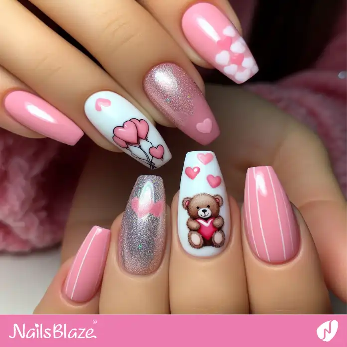Simple Pink and White Teddy Bear Nails | Valentine Nails - NB2422